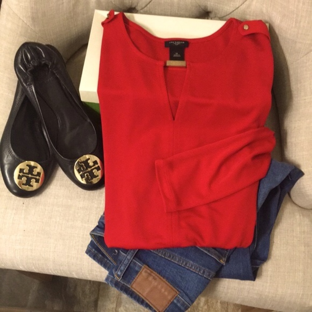 Beautiful Ann Taylor red top, long sleeves, gold accents